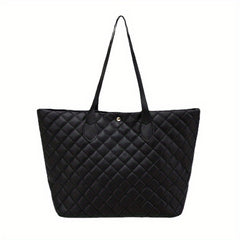 Argyle Quilted Tote Bag Large Capacity Stylish PU Leather Handbag