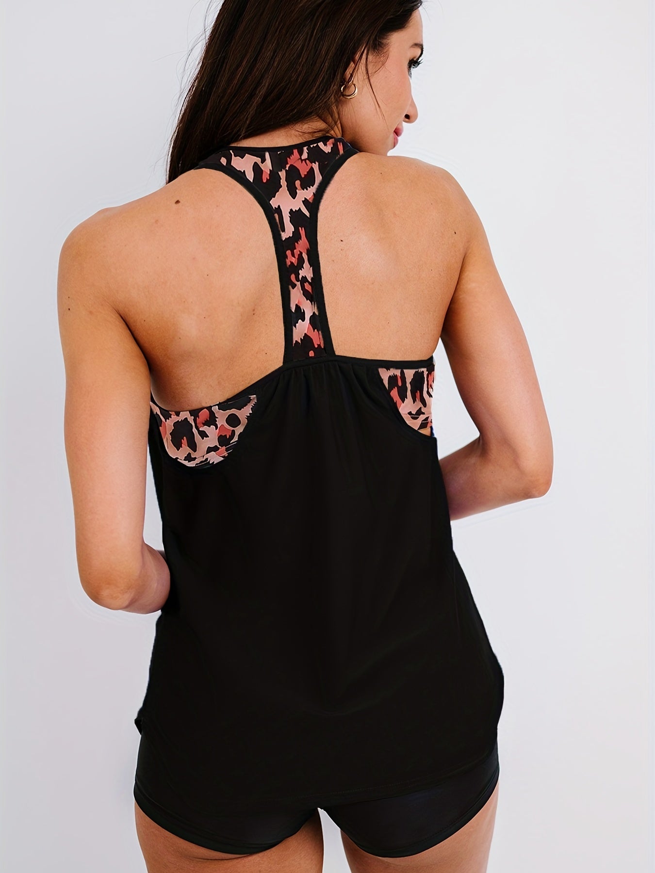 Leopard Print Racer Back 2 Piece Tankini Swimsuit