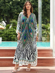 Peacock & Leopard Print Batwing Sleeve V Neck Side Split Cover Up Dress