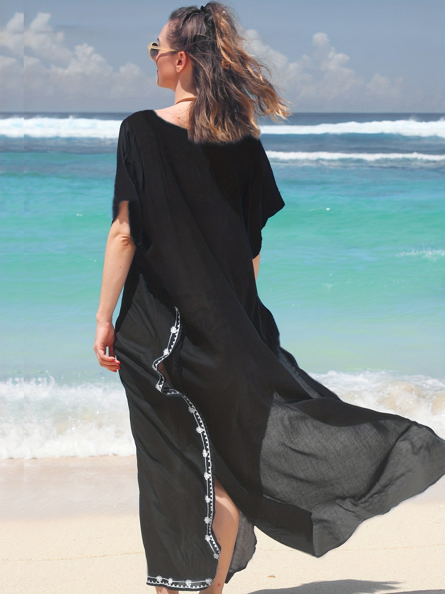 Boho Kaftan Dress Plus Size Floral Embroidered Batwing Sleeve V Neck