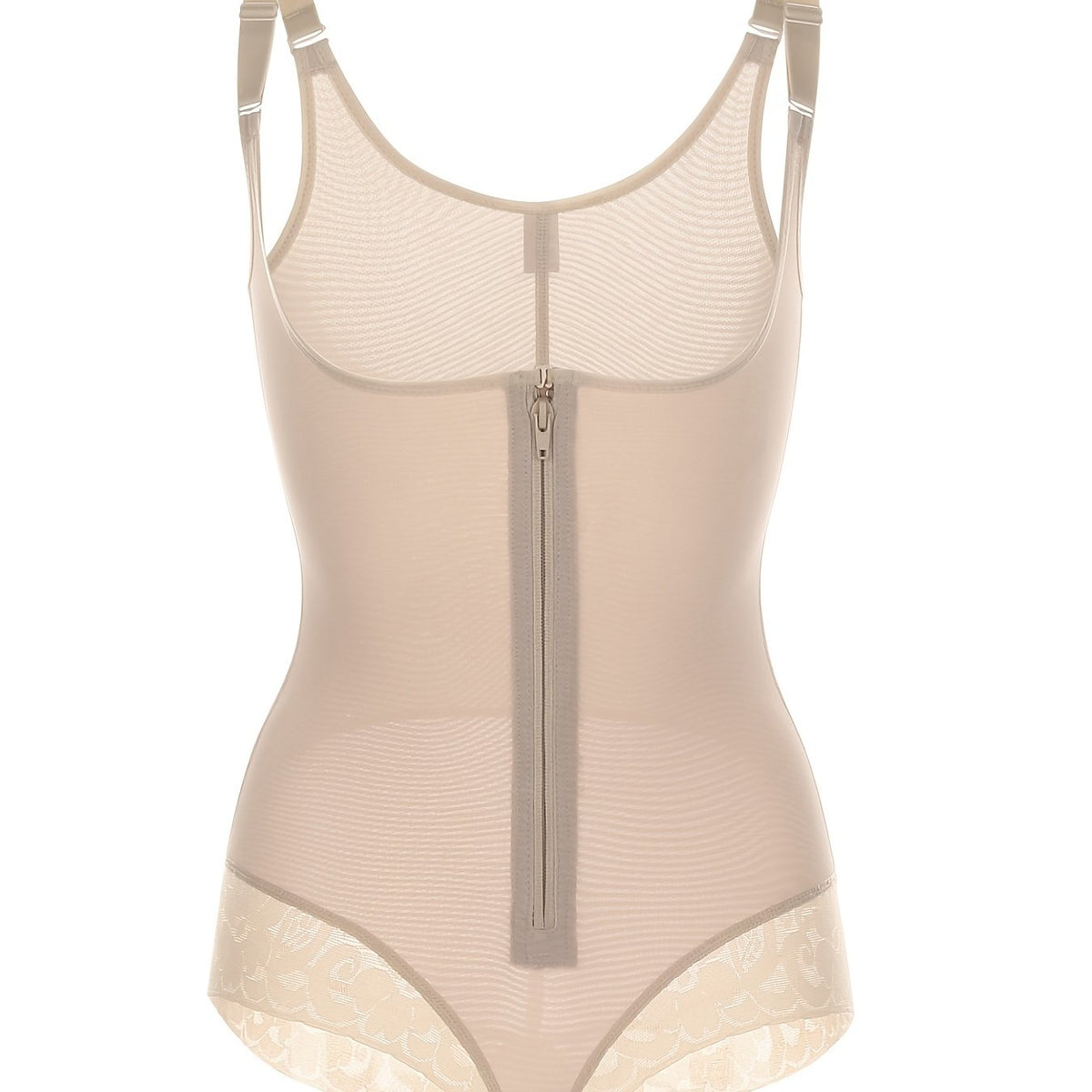 Lace Trim Zipper Body Shaper Tummy Control Slimmer Bodysuit