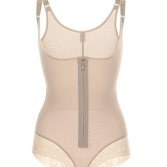 Lace Trim Zipper Body Shaper Tummy Control Slimmer Bodysuit