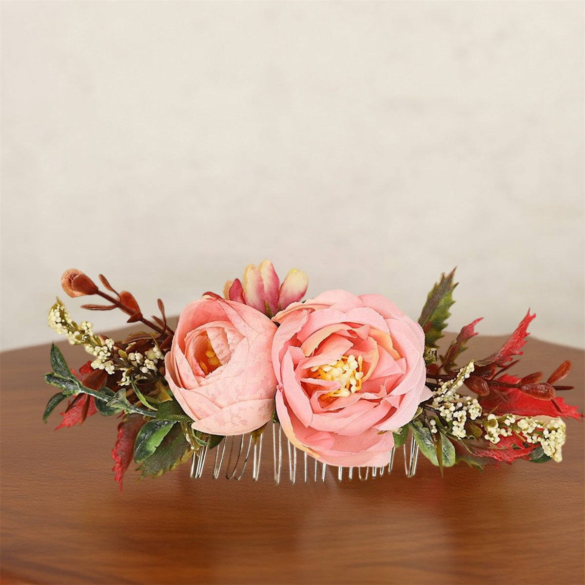 Pink Rose Hair Comb Clip with Greenery for Wedding Prom