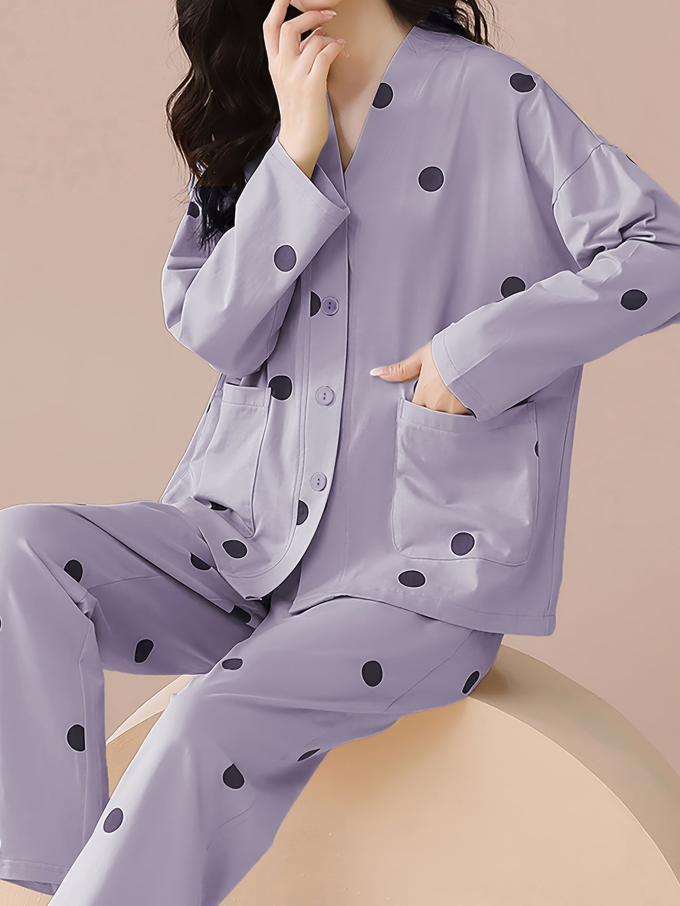Polka Dot Pajama Set Long Sleeve Top & Pants Women's Sleepwear