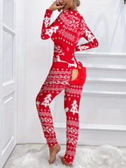 Christmas Print Pajama Jumpsuit Long Sleeve V Neck Pajamas
