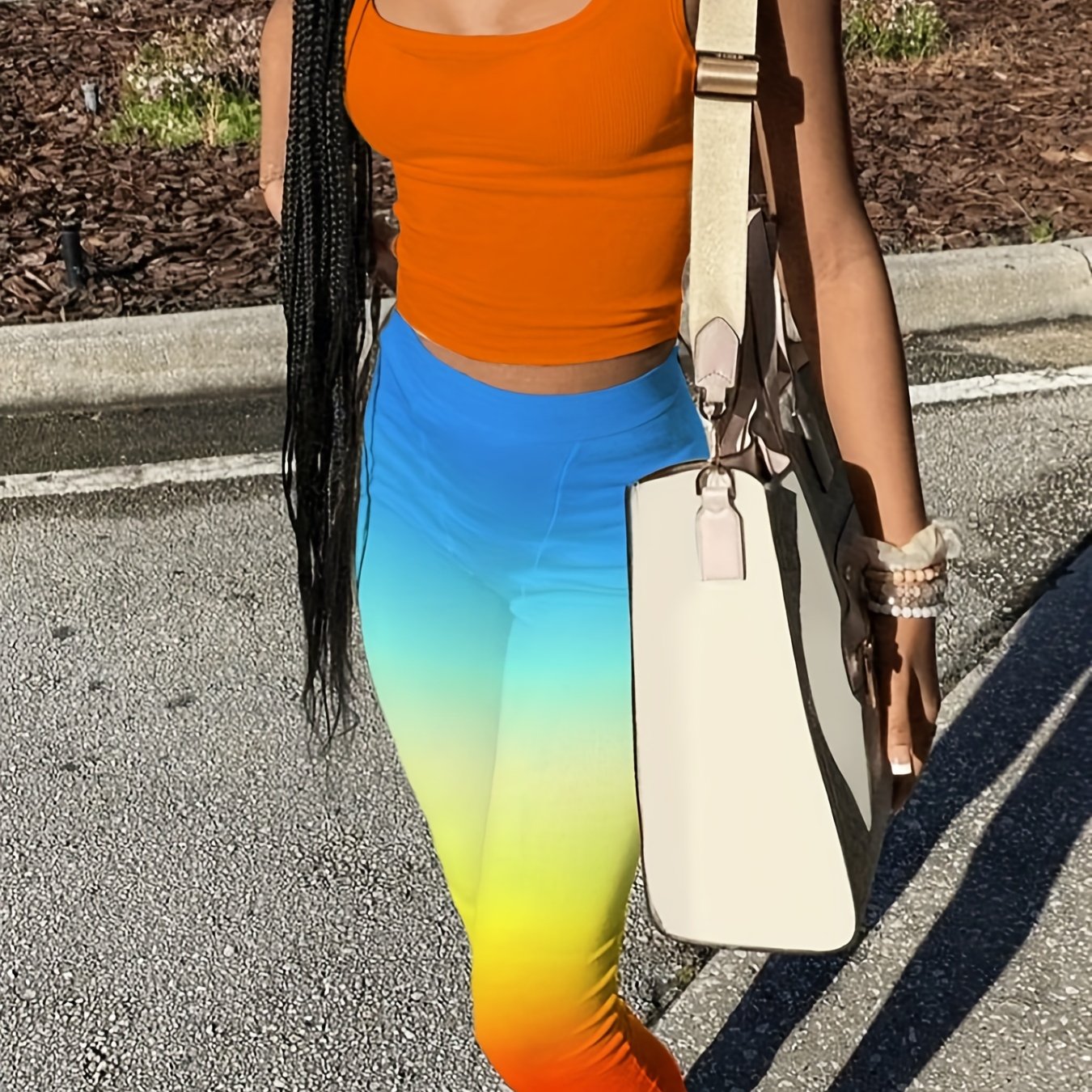  2 Piece Set Crew Neck Tank & Ombre Print Leggings