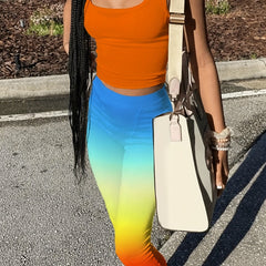 2 Piece Set Crew Neck Tank & Ombre Print Leggings