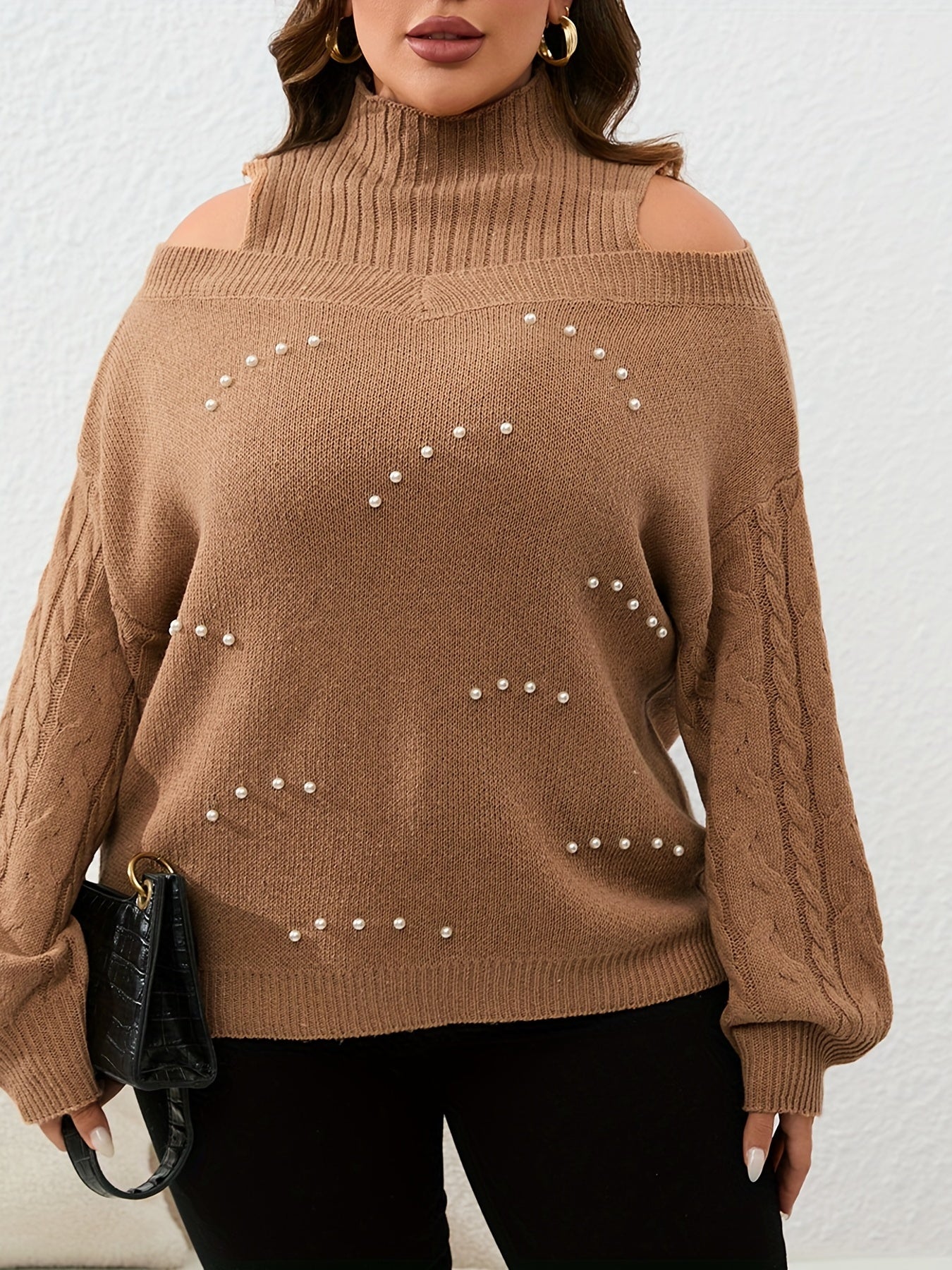  Women's Cold Shoulder Knit Top with Faux Pearl Decoration