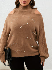  Women's Cold Shoulder Knit Top with Faux Pearl Decoration