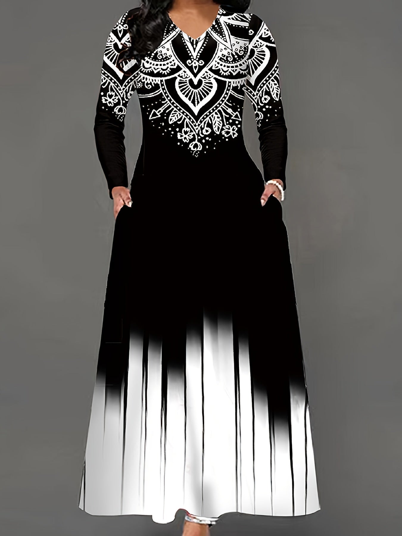  Graphic Print Maxi Dress V-Neck Long Sleeve With Pockets