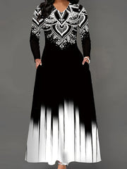  Graphic Print Maxi Dress V-Neck Long Sleeve With Pockets