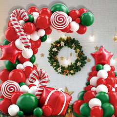 123pcs Red & Green Candy Cane Xmas Balloon Set w/ Accessories for Home Decor