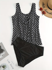 Vacay Tankini Set Women's Plus Dot Print Round Neck High Stretch Tank