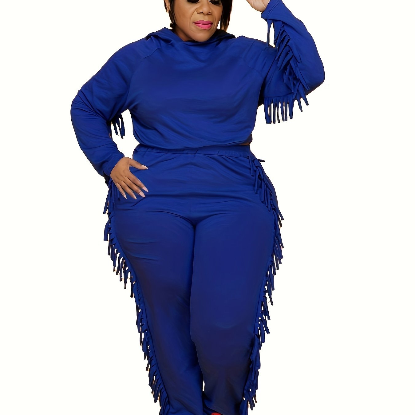  Fringe Trim Hoodie Sweatshirt & Pants Set