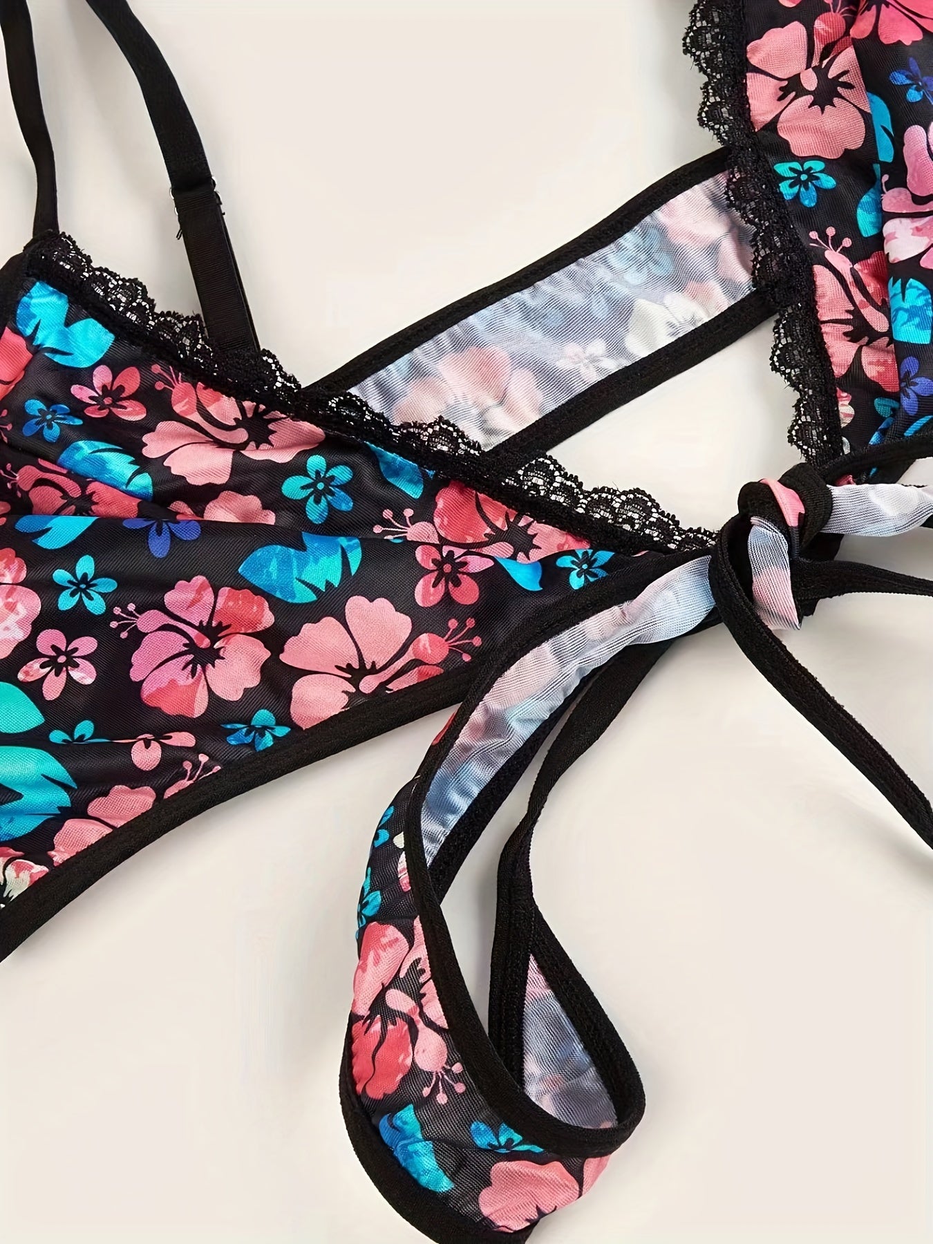  Floral Print Criss Cross Tie Back Bra & Brief 2pcs Set