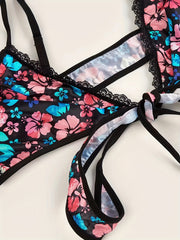  Floral Print Criss Cross Tie Back Bra & Brief 2pcs Set