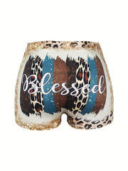  Sexy Shorts Women's Plus Colorblock Leopard & Art Letter & Sequin Prin