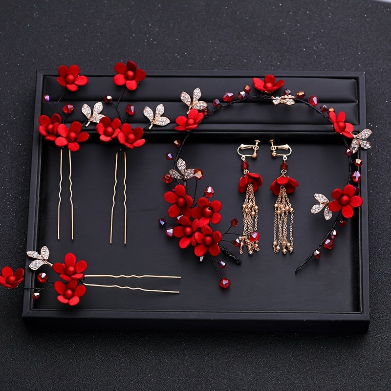 Red Flowers Headband Hairpins Clip Earring Set Chinese Style Bridal Wedding
