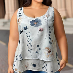 Floral Print Plus Size Tank Top, Round Neck, Medium Stretch