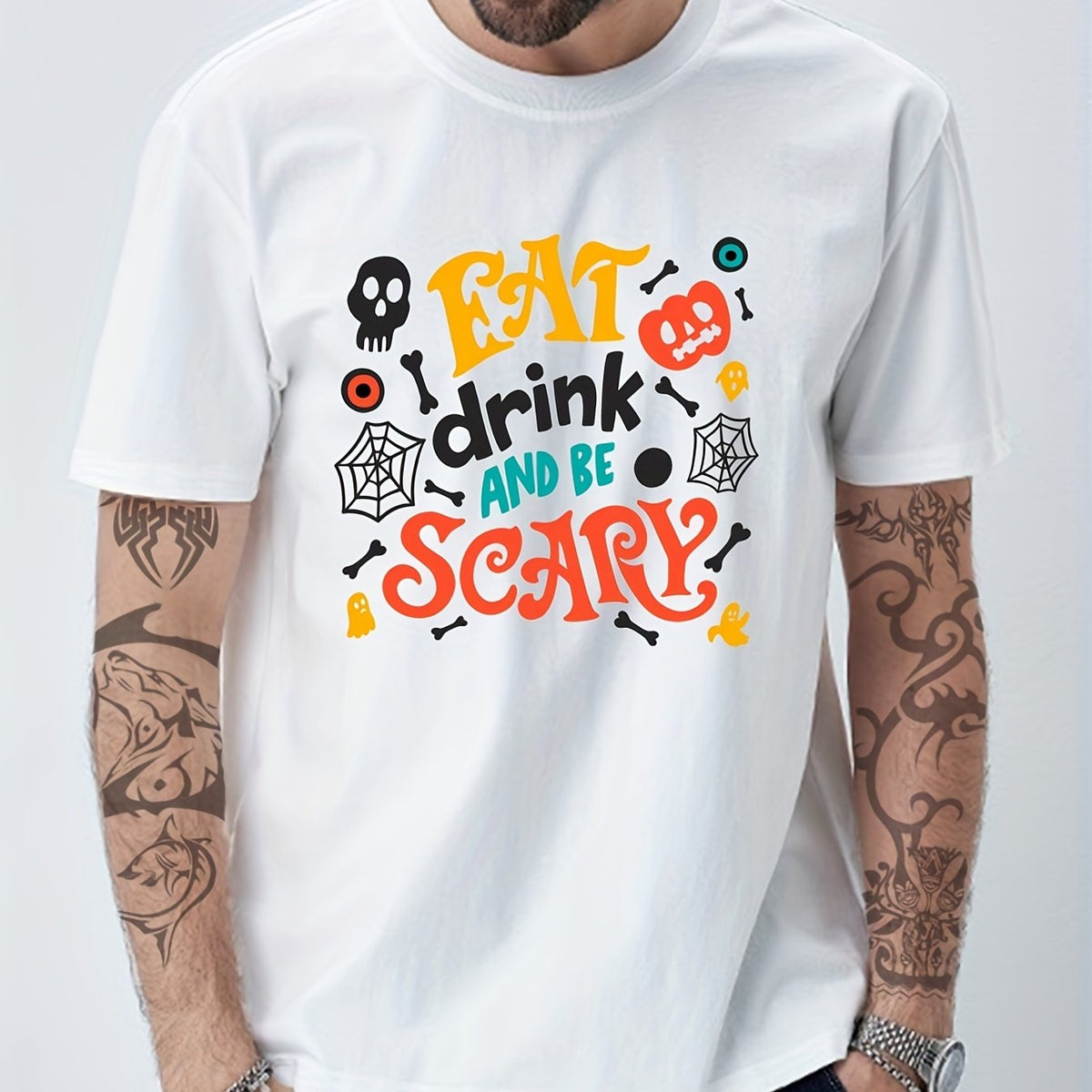 Cotton Halloween Print Men's Crew Neck Tshirt Casual Tees