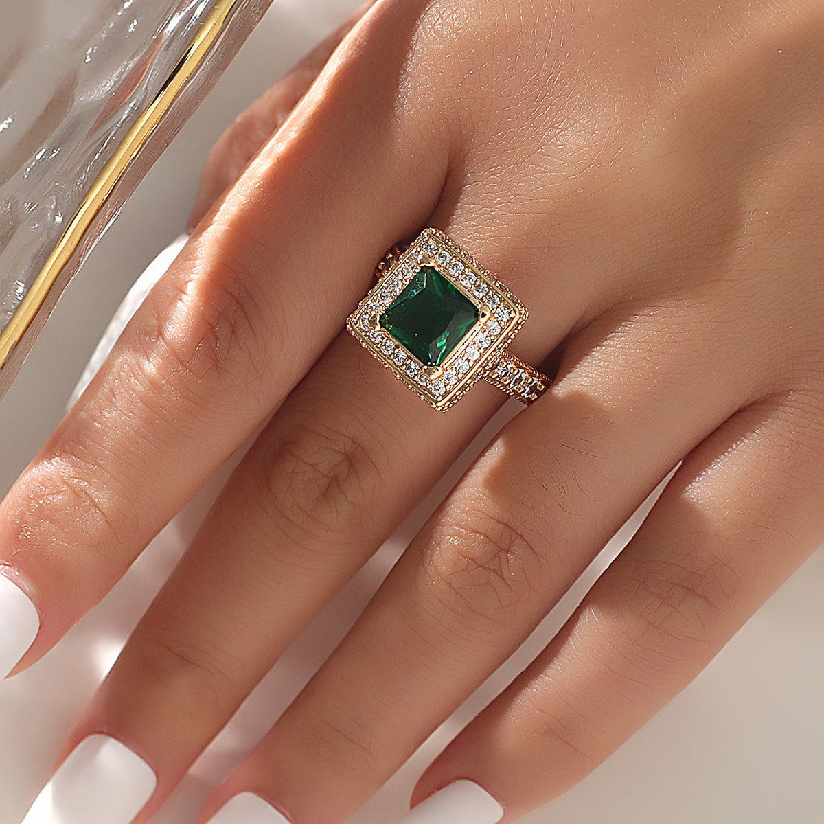 Emerald Glass Zircon Plated 18K Yellow Ring