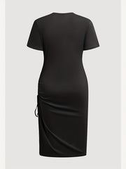 Casual Dress Solid Short Sleeve Round Neck Ruched Drawstring