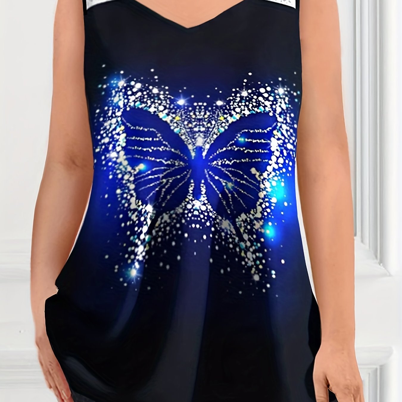  Glitter Butterfly Print Lace Strap Tank Top
