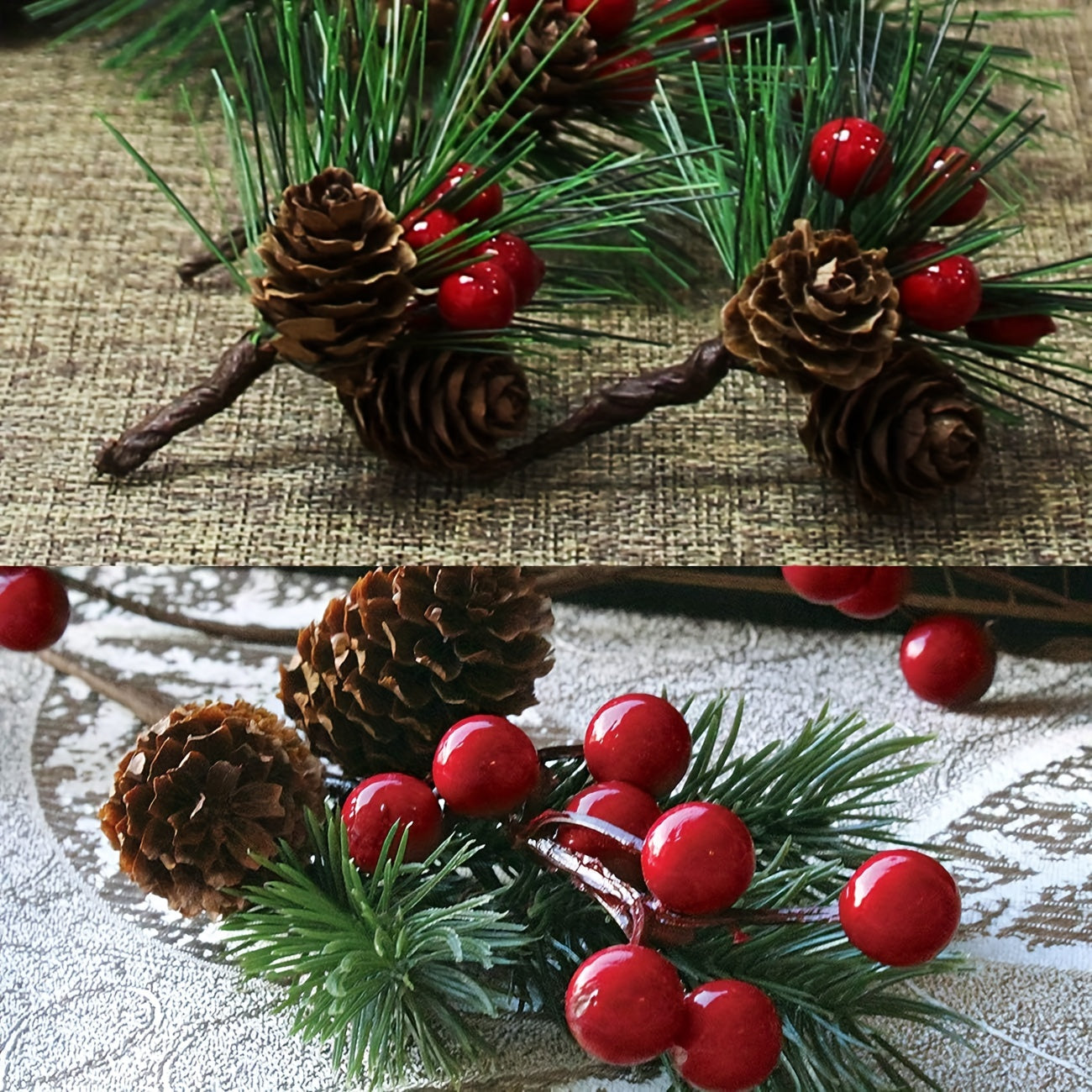 5pcs Artificial Pine Paddles Small Berries Pine Cones Christmas Decor