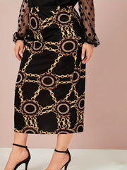  Chain Print High Rise Bodycon Midi Skirt