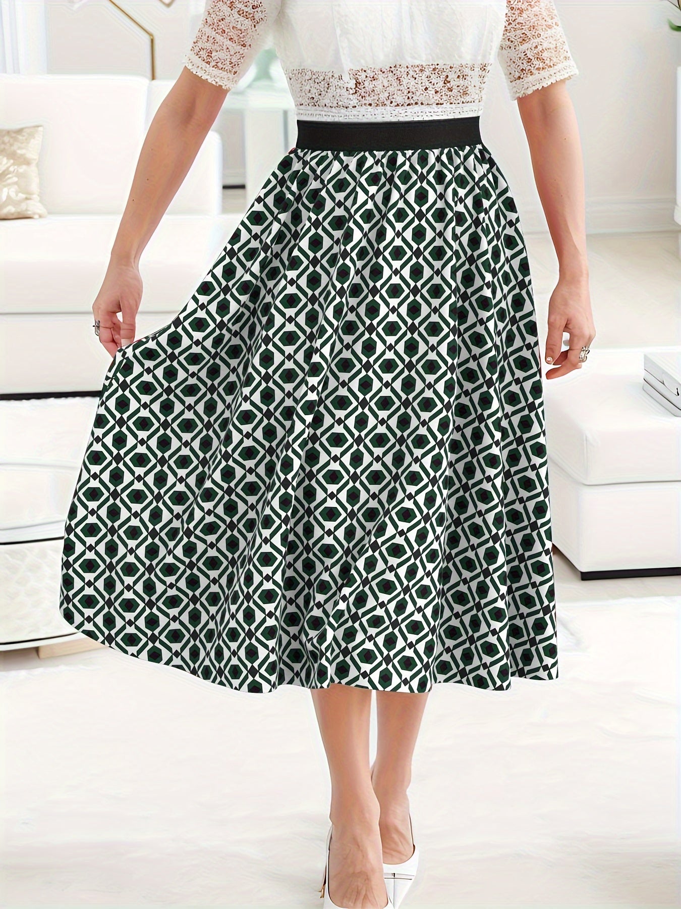  Women's Maxi Skirt Geometric Print High Rise Elastic Waist