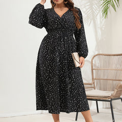  Dot Print Lantern Sleeve V Neck Midi Dress