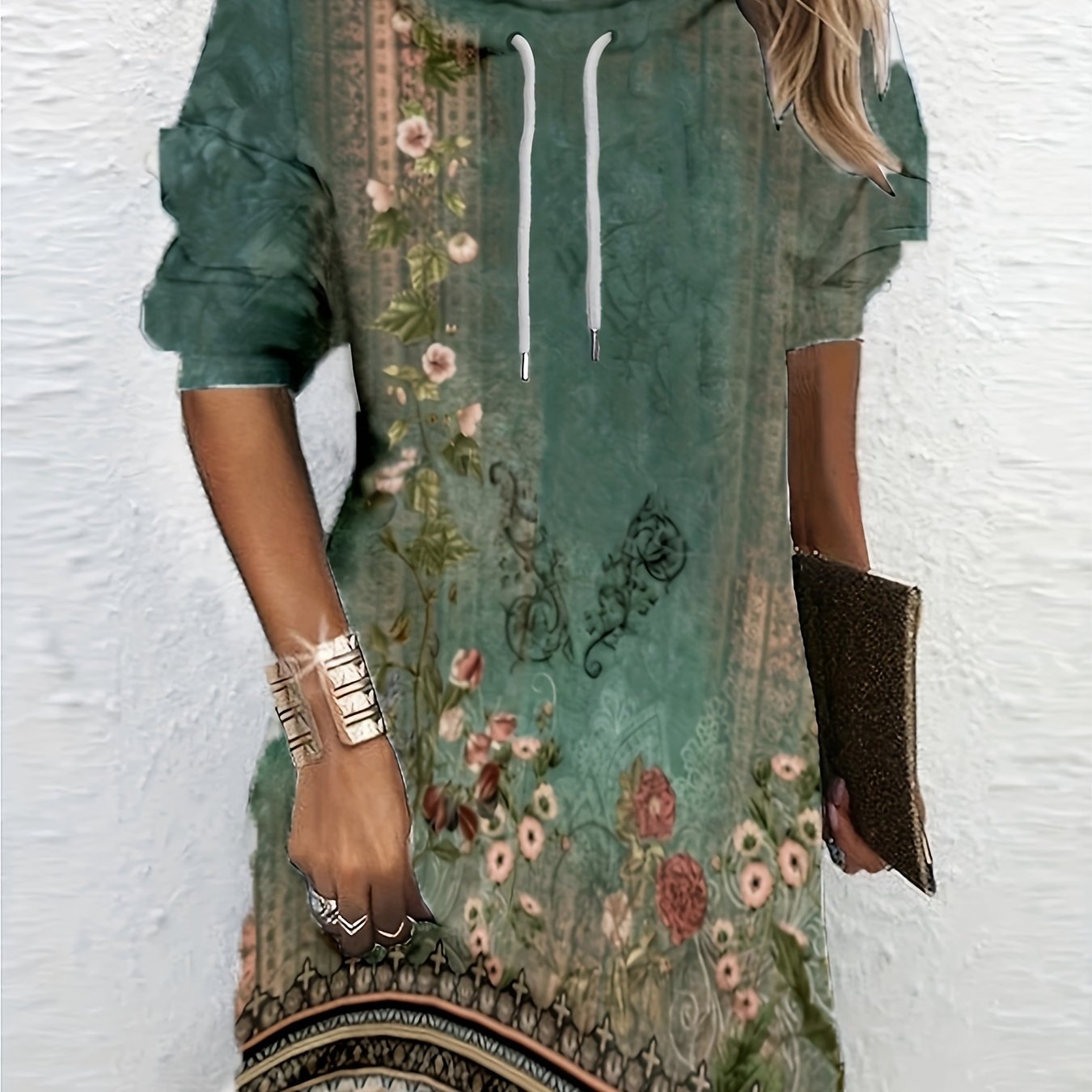 Floral Print Oversized Hoodie Drawstring Casual Sweatshirt