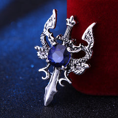 Men's Retro Shuanglong Sword Brooch Domineering Gem Crystal Suit Corsage