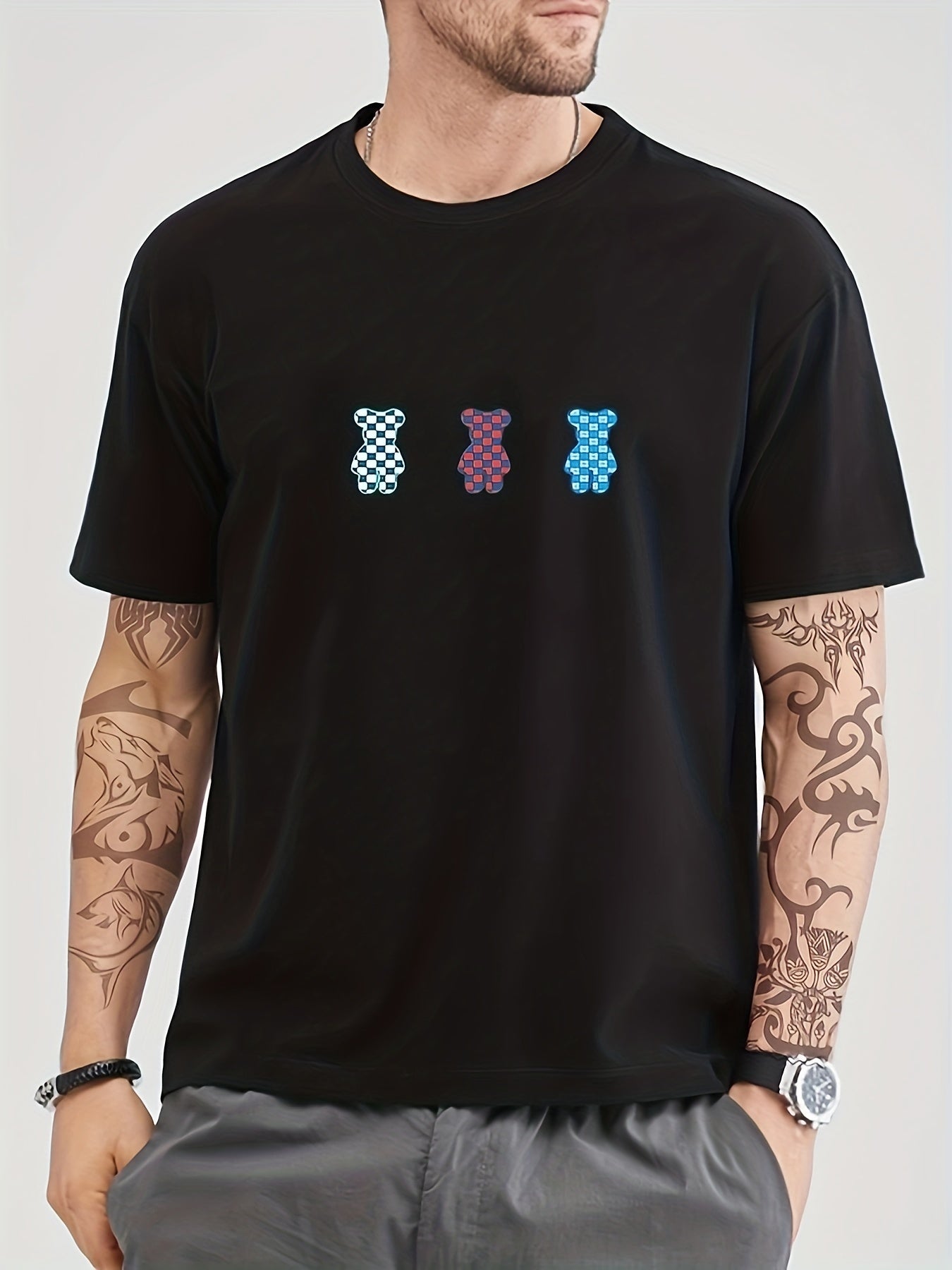 Cotton Bear Print Men's Graphic Crew Neck T shirt for Summer