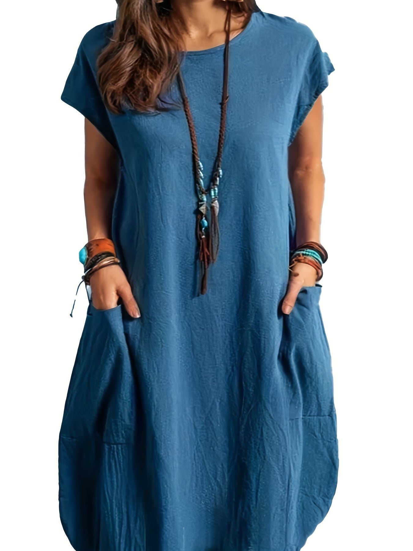  Basic Dress Women's Plus Short Sleeve Maxi Dress With Pockets