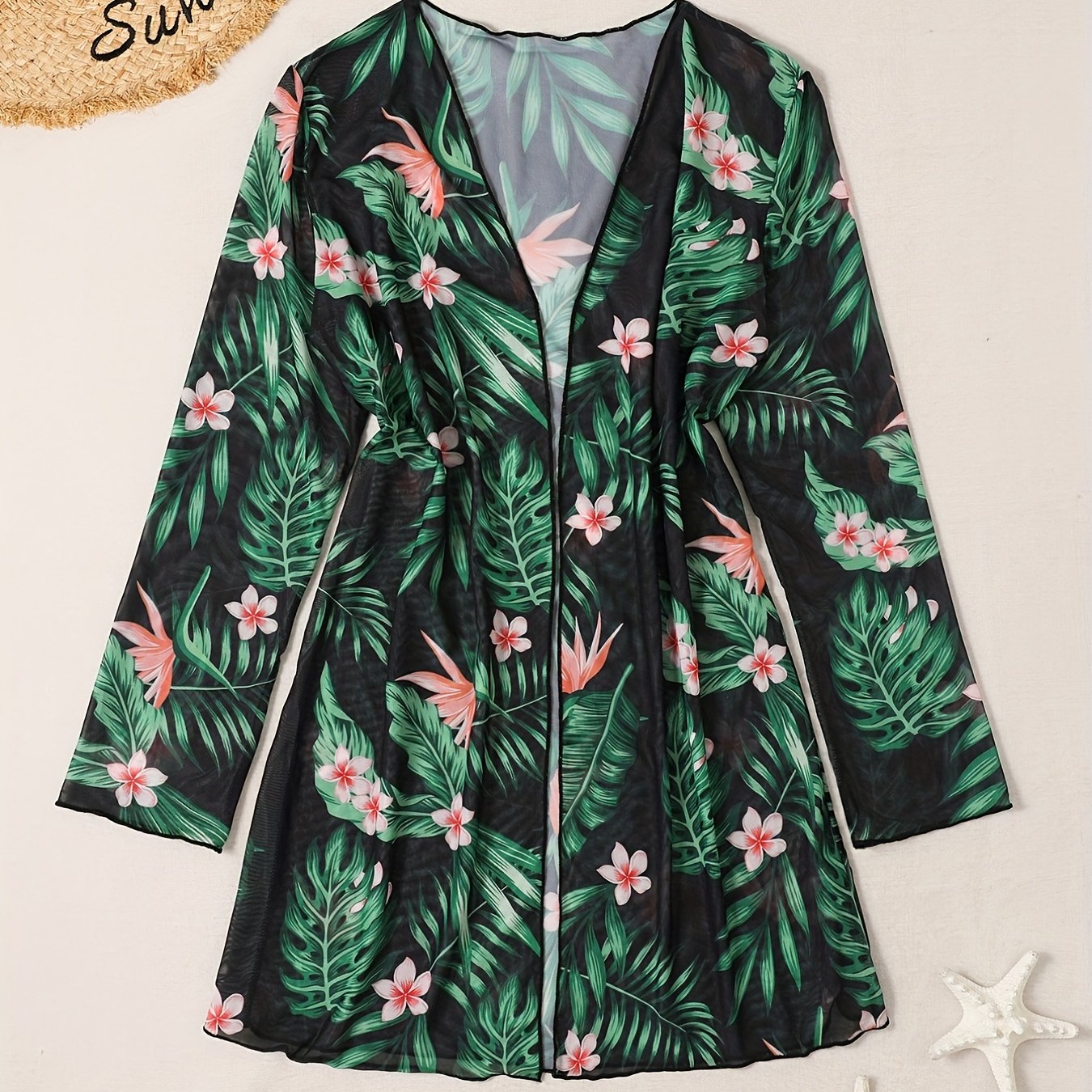 Floral Leaf Print Open Front Long Sleeve Cardigan Cover Up