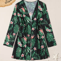 Floral Leaf Print Open Front Long Sleeve Cardigan Cover Up