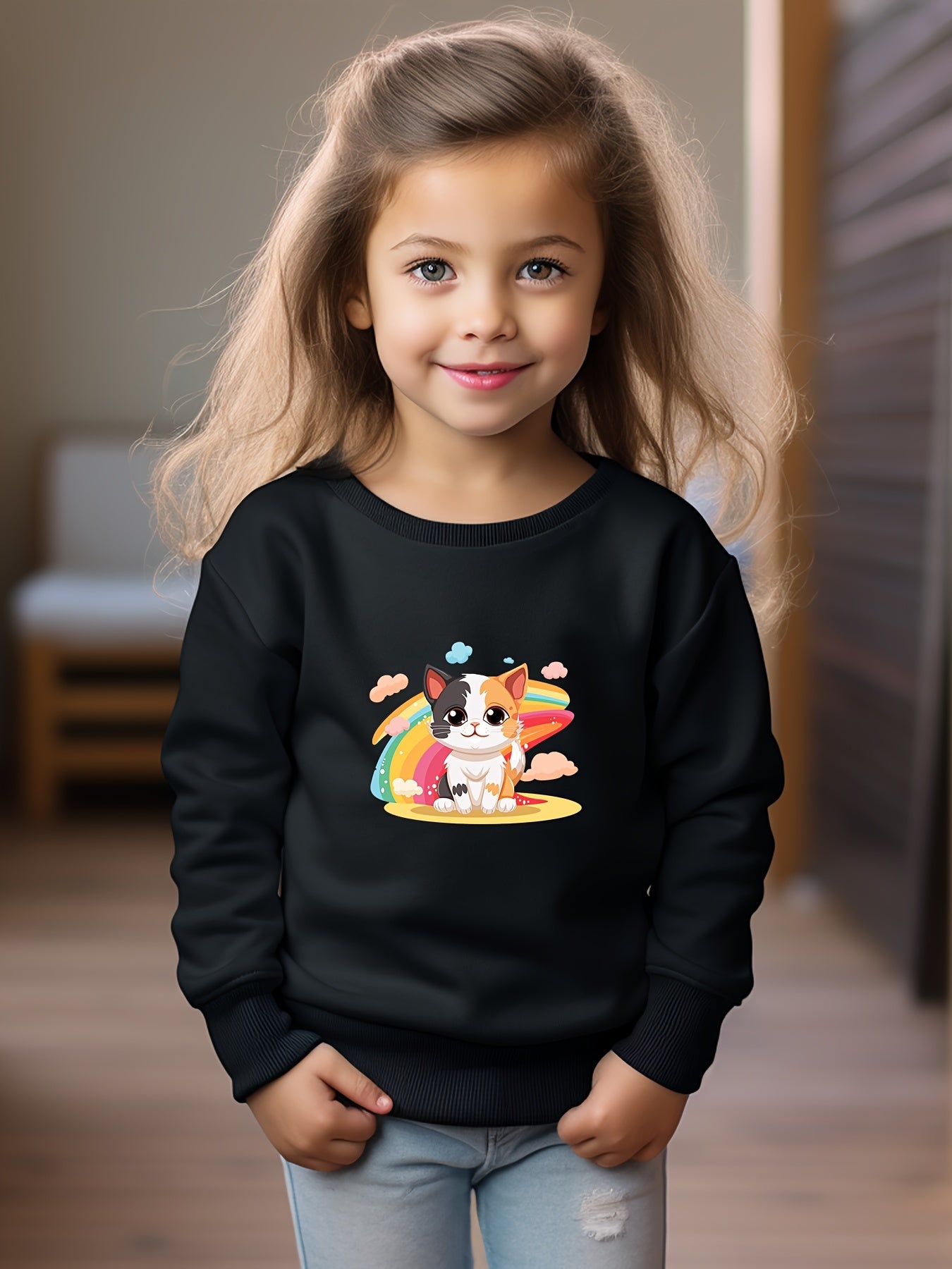 Girls Cat Pattern Crew Neck Sweatshirt For Spring Fall Christmas Gift