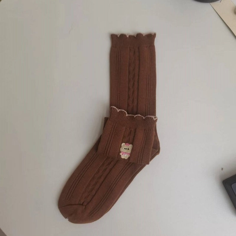 Women's Bear Embroidered Texture Socks