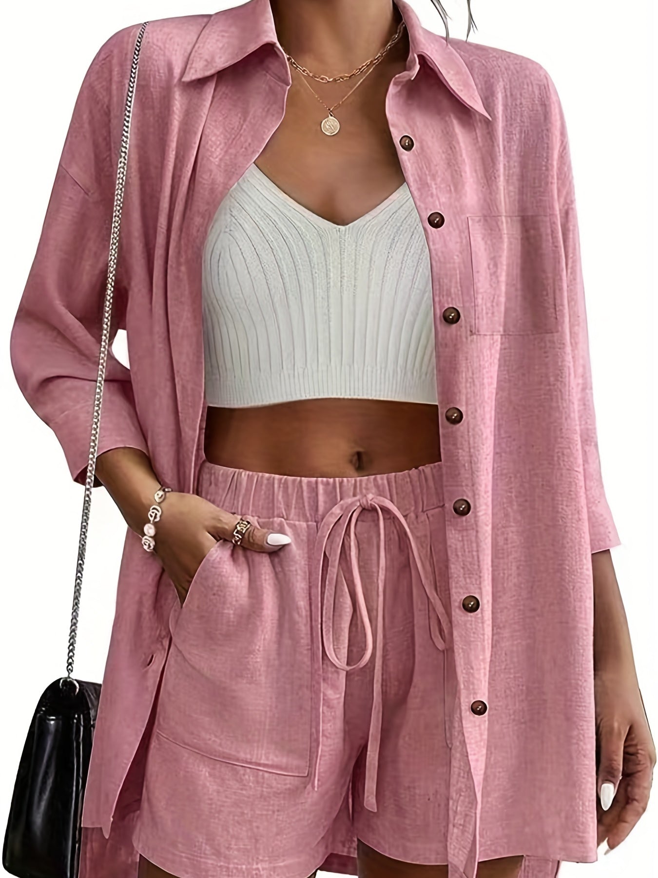  Casual Shirt & Shorts Set Women's Plus Solid Long Sleeve Button Up
