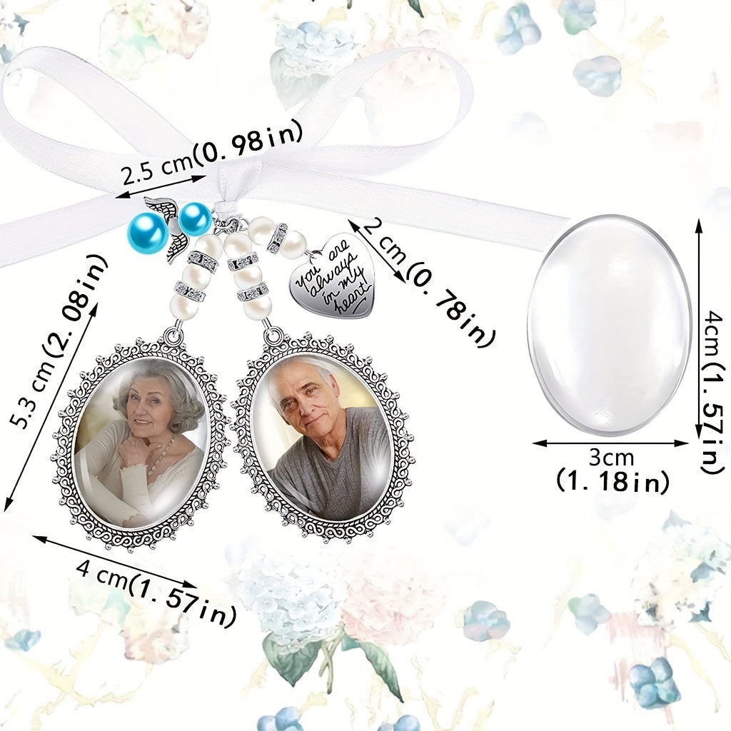 Alloy Photo Frame Pendant Silvery Frame Faux Pearl Rhinestone Satin Bowknot