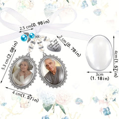 Alloy Photo Frame Pendant Silvery Frame Faux Pearl Rhinestone Satin Bowknot