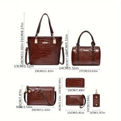 6 Pc Crocodile Pattern Bag Set Women's Shoulder Tote Handbag Crossbody Clutch Wa