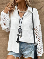  Mesh Hollow Out Button Up Collar Shir