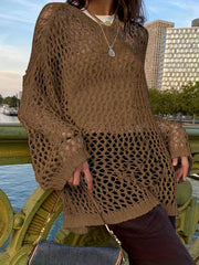 Crochet Cover Up Knitted Top Long Sleeve Sweater For Spring & Summer