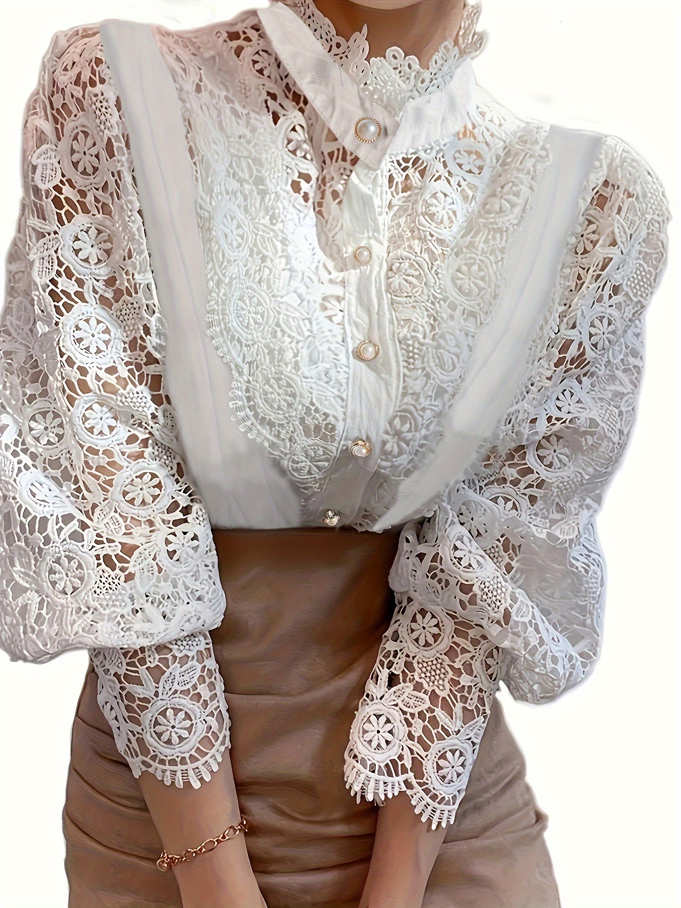  Lace Lantern Sleeve Mock Neck Shirt