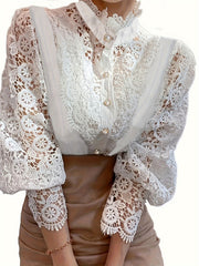  Lace Lantern Sleeve Mock Neck Shirt