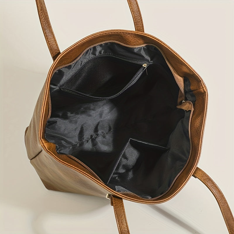 Vintage PU Leather Tote Bag Solid Handbag Large Capacity Shoulder Bag For Women