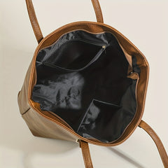 Vintage PU Leather Tote Bag Solid Handbag Large Capacity Shoulder Bag For Women