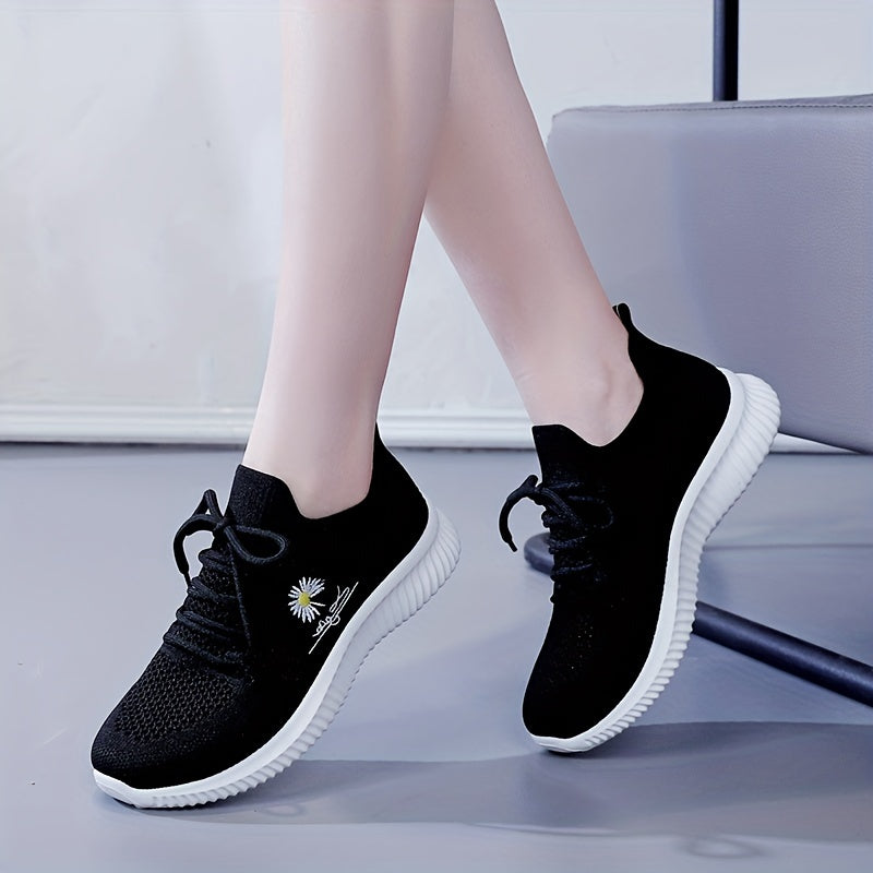 Women's Daisy Pattern Lace up Mesh Sneakers Soft Sole Athletic Shoes